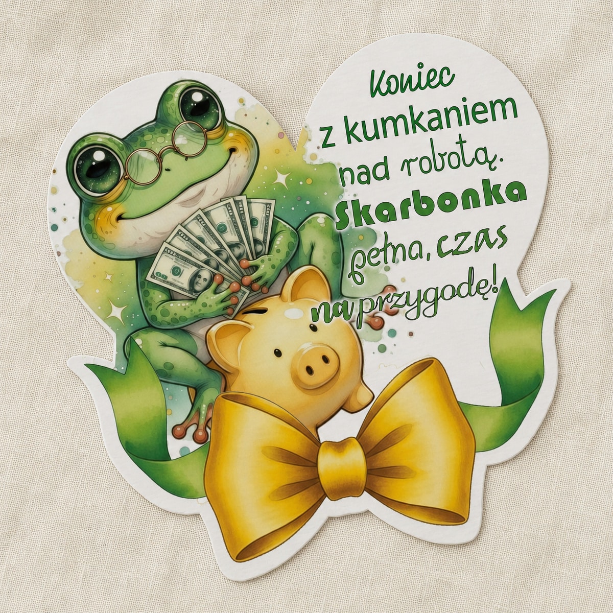 Magnes na przejście na emeryturę z żabą trzymającą banknoty, żółtą skarbonką i kokardą