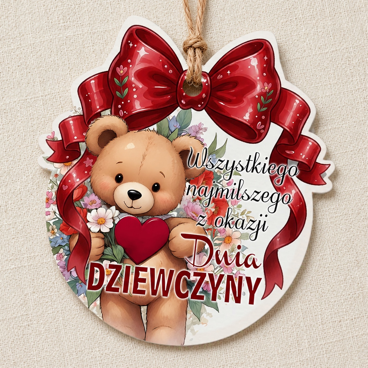 Zawieszka dekoracyjna na Dzień Dziewczynki z misiem, czerwonym sercem, kwiatami i życzeniami