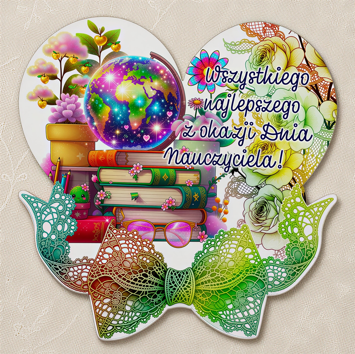 Kolorowy magnes na Dzień Nauczyciela z globusem, książkami, okularami, kwiatami i tęczową kokardą.