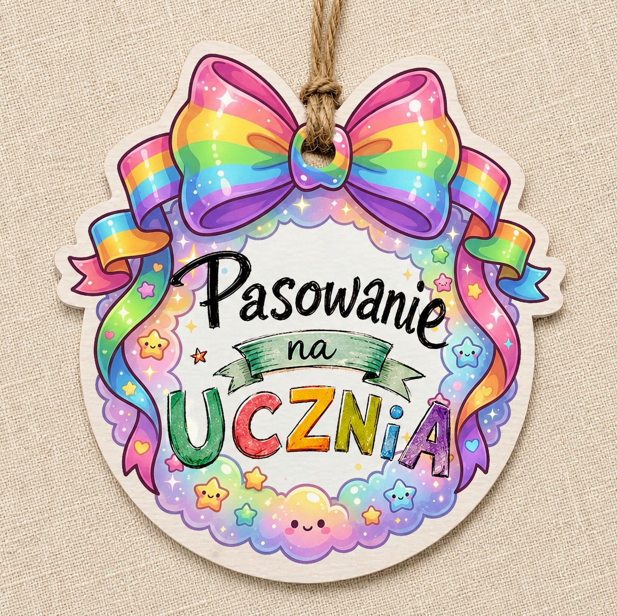 Zawieszka dekoracyjna na pasowanie na ucznia z tęczową kokardą i napisem „Pasowanie na Ucznia”.
