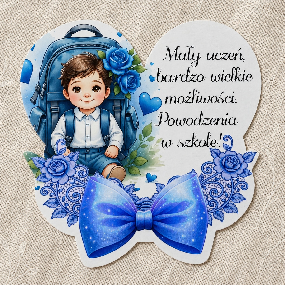 Magnes na pasowanie na ucznia z chłopcem, niebieskim plecakiem, różami i życzeniami powodzenia w szkole.