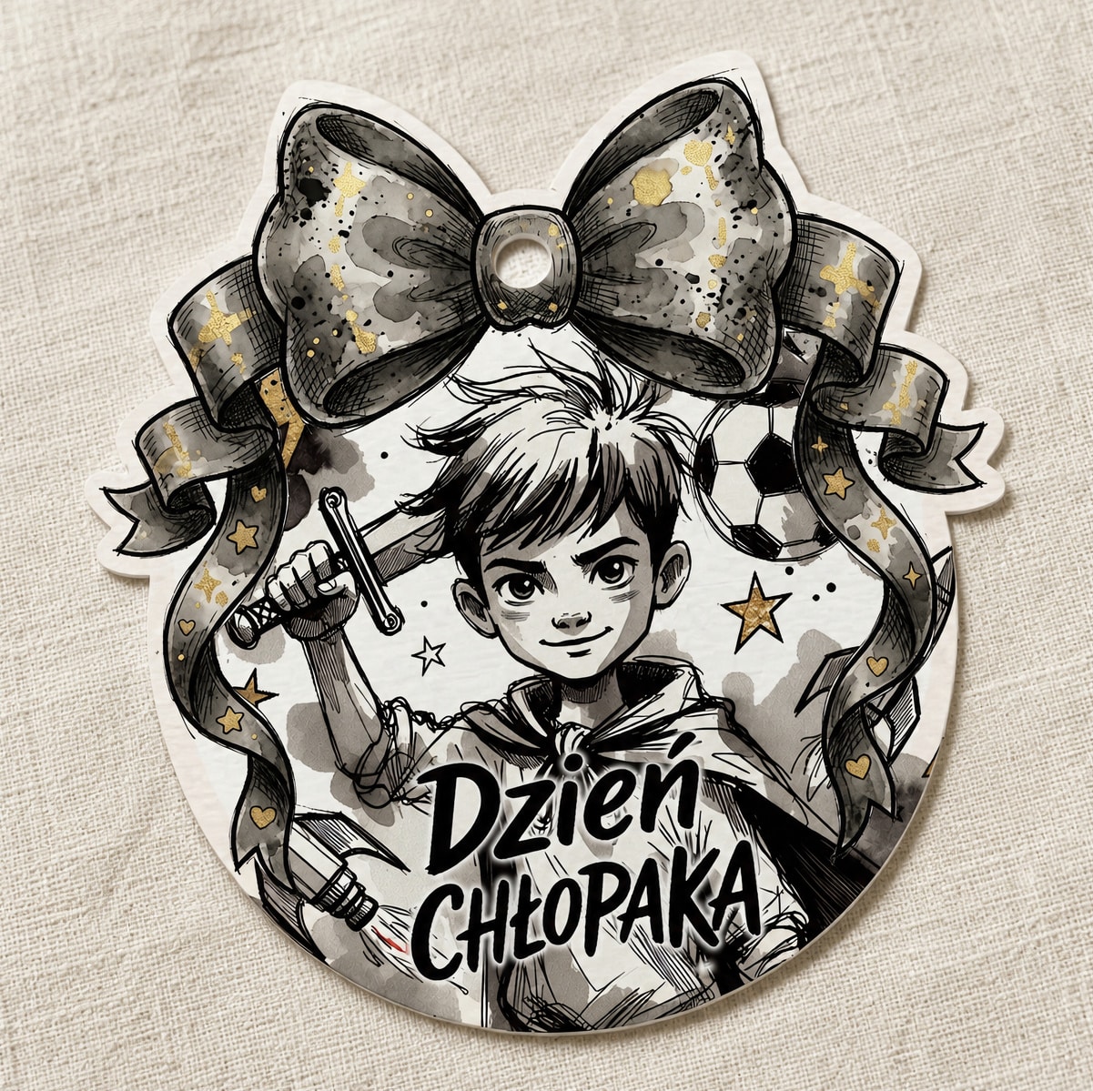 Zawieszka dekoracyjna na Dzień Chłopaka z chłopcem w szkicowej stylistyce, ciemną kokardą i napisem Dzień Chłopaka.