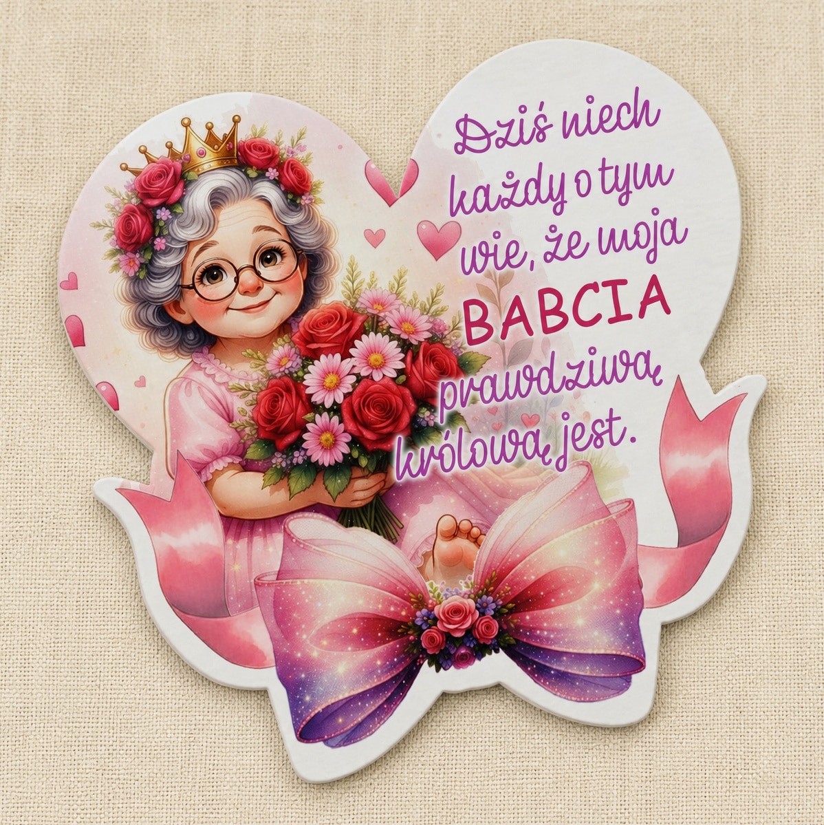 Magnes na Dzień Babci z ilustracją babci w koronie, bukietem róż i napisem o prawdziwej królowej.