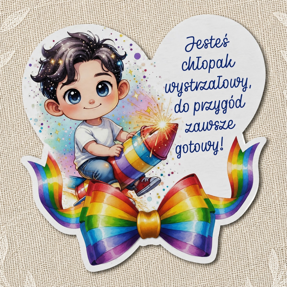 Kolorowy magnes na Dzień Chłopaka przedstawiający chłopca na rakiecie, iskry, gwiazdki i tęczową kokardę.