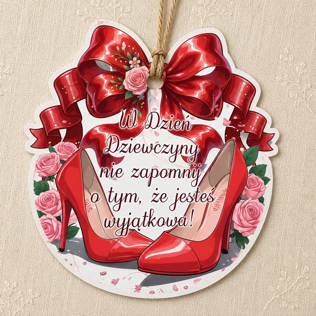 Zawieszka dekoracyjna na Dzień Dziewczynki z czerwonymi szpilkami, różami, dużą kokardą i życzeniami