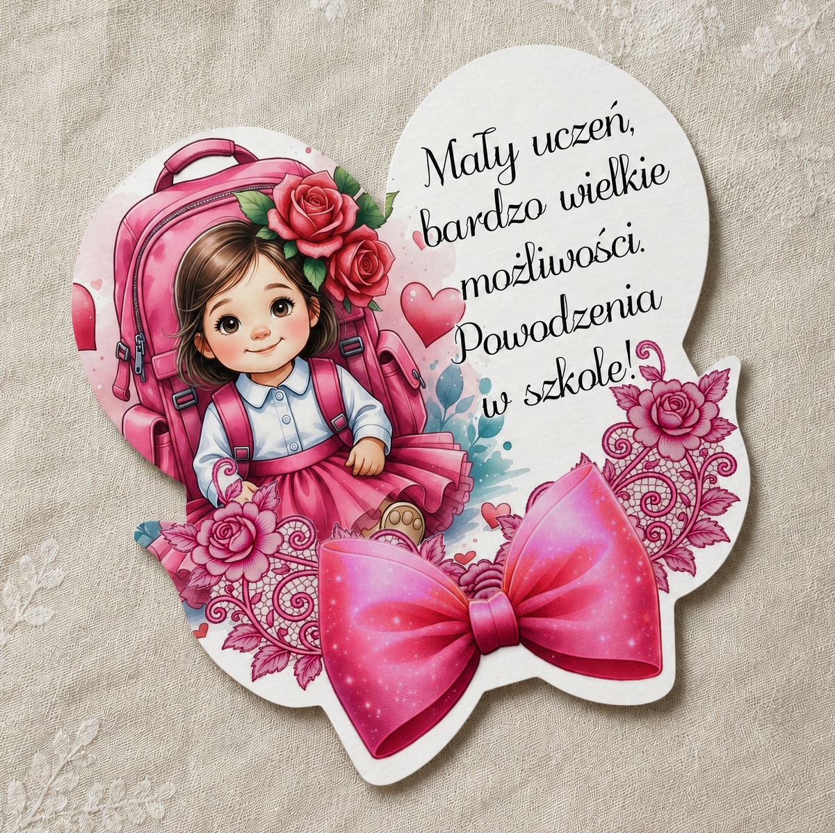 Magnes na pasowanie na ucznia z dziewczynką, różowym plecakiem, różami i napisem o wielkich możliwościach.