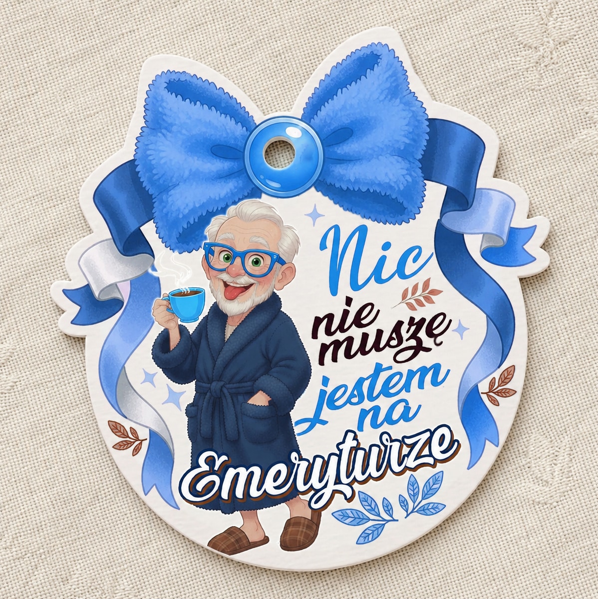 Niebieska zawieszka na przejście na emeryturę z uśmiechniętym mężczyzną, filiżanką i kokardą