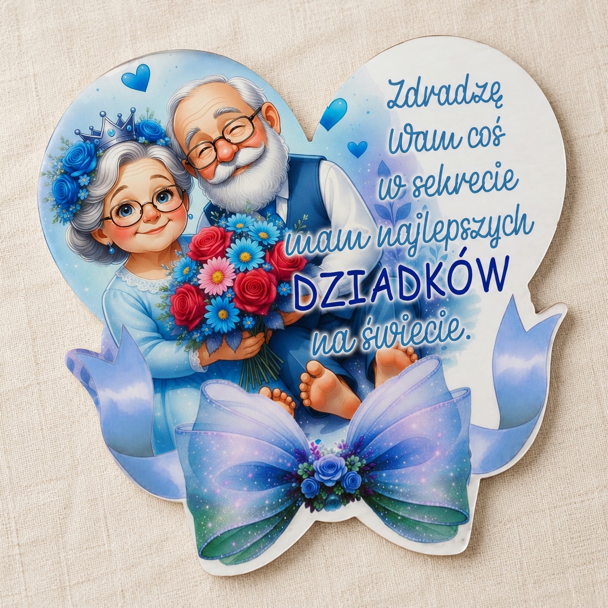 Niebieski magnes na Dzień Babci i Dziadka z babcią w koronie, dziadkiem i kolorowym bukietem.