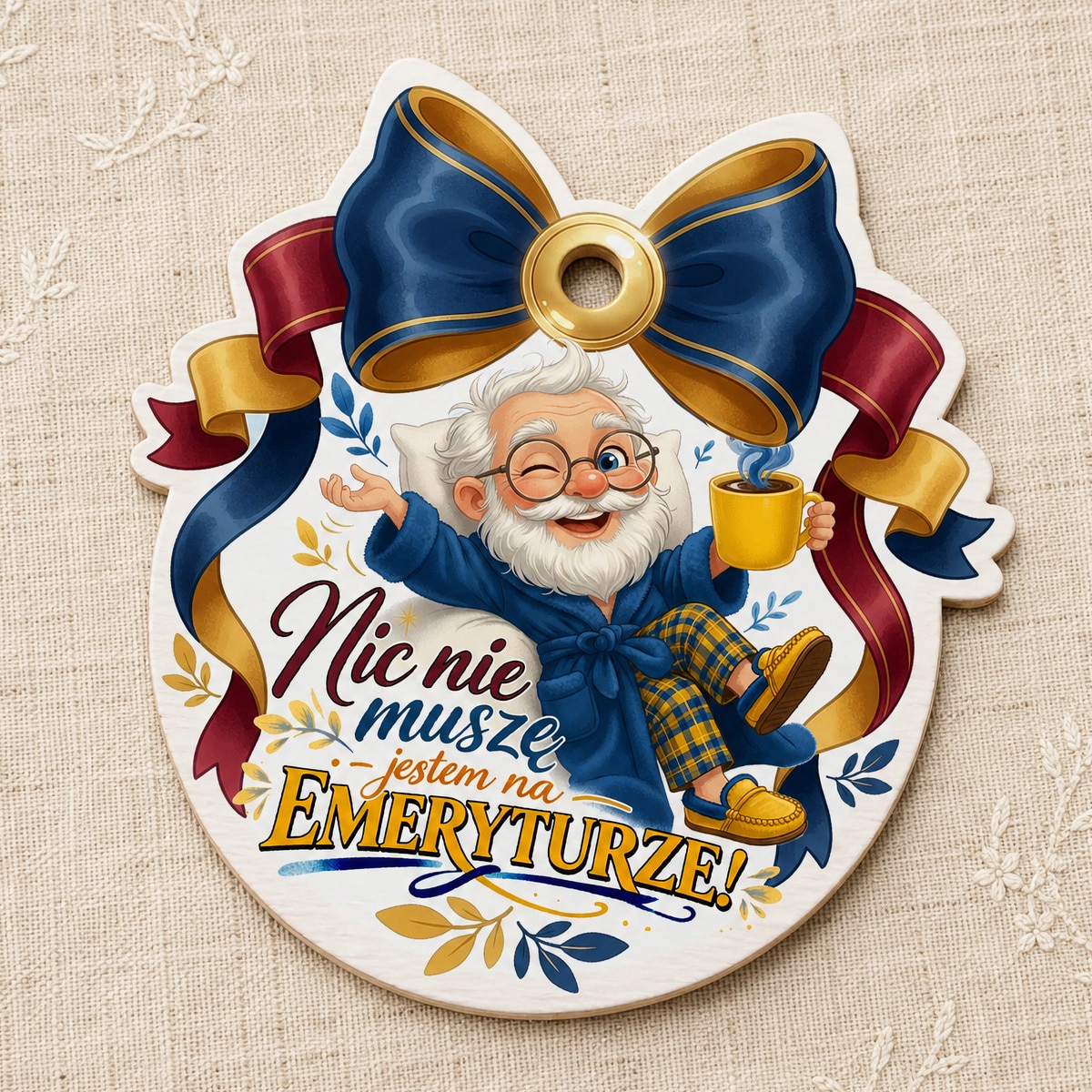 Zawieszka na przejście na emeryturę z mężczyzną w niebieskim szlafroku, kubkiem i ozdobną kokardą