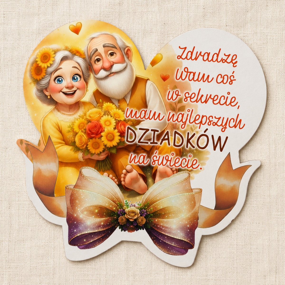 Magnes na Dzień Babci i Dziadka z parą seniorów, żółtym bukietem i napisem o najlepszych dziadkach.