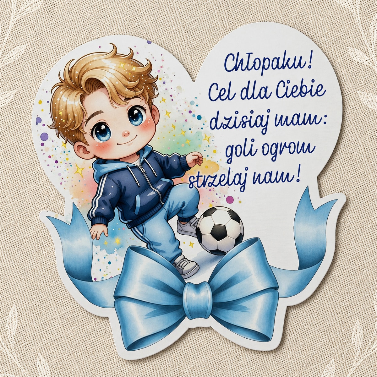 Magnes piłkarski na Dzień Chłopaka z jasnowłosym chłopcem, piłką nożną, życzeniami i błękitną kokardą.
