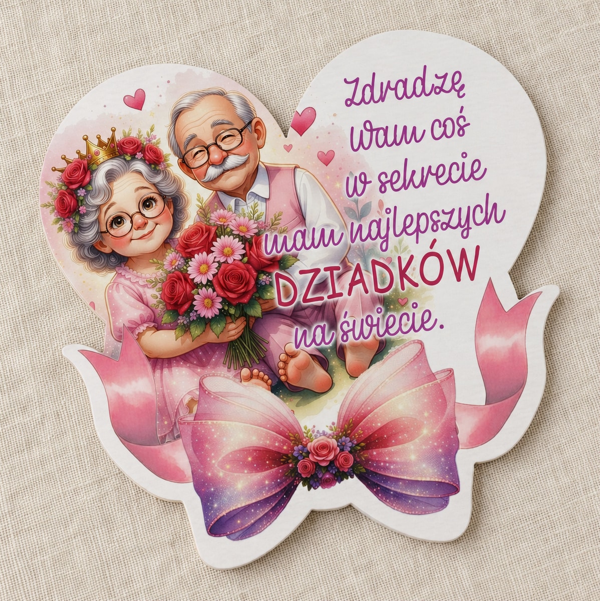 Różowy magnes na Dzień Babci i Dziadka z parą seniorów, bukietem róż oraz dekoracyjną kokardą.