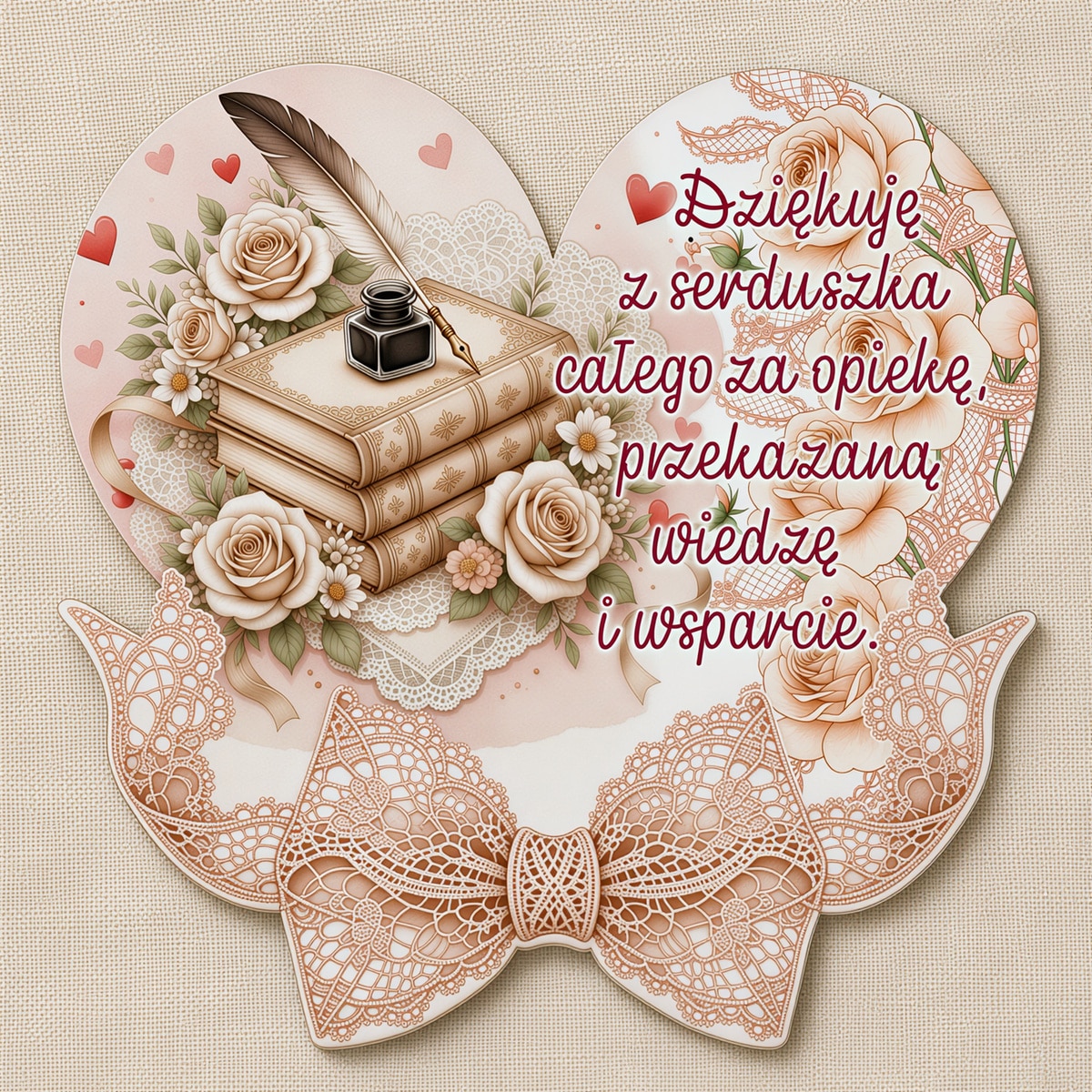 Magnes na Dzień Nauczyciela z podziękowaniem, książkami, piórem, jasnymi różami i różową kokardą.