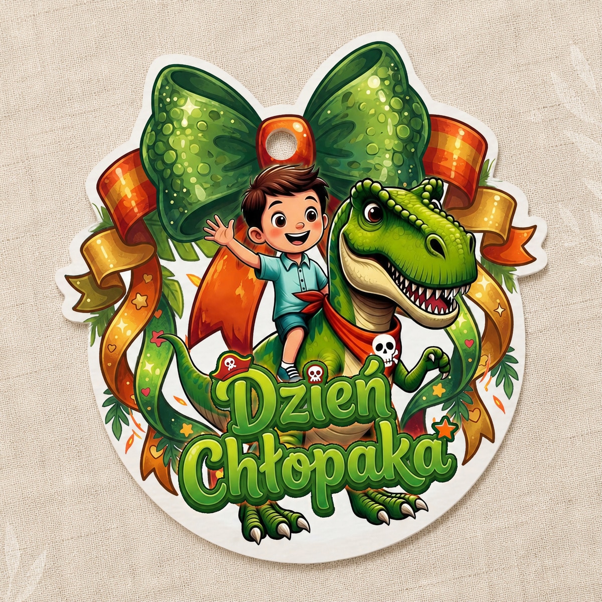 Zawieszka dekoracyjna na Dzień Chłopaka z chłopcem jadącym na zielonym dinozaurze i dużym napisem Dzień Chłopaka.