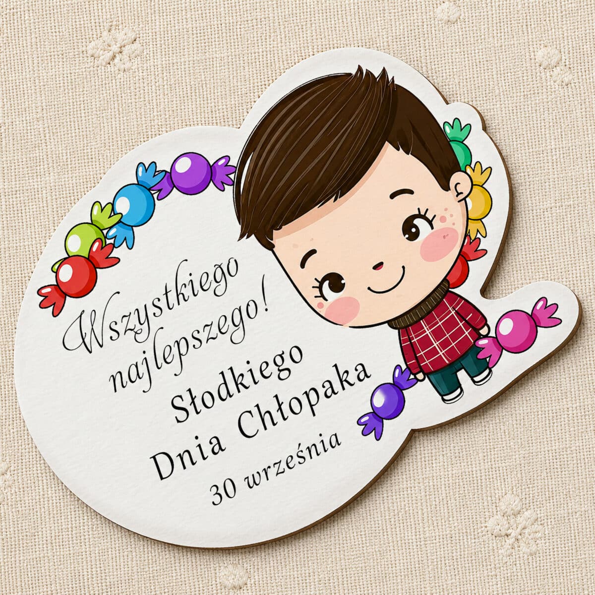 Kolorowy magnes na Dzień Chłopaka z chłopcem i motywami słodyczy