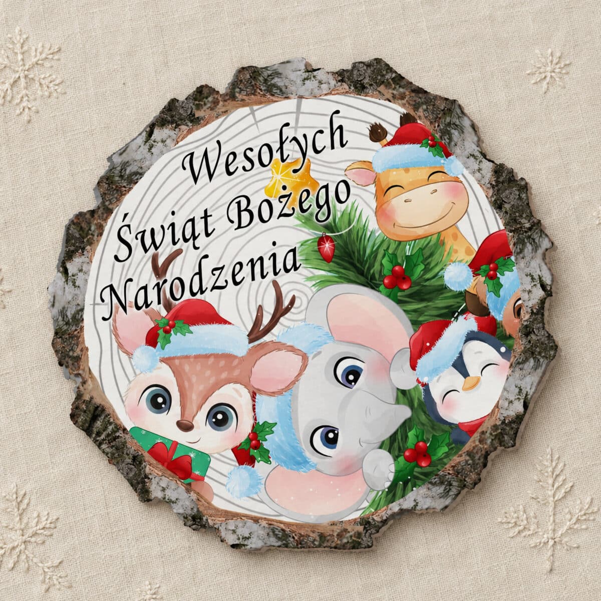 Świąteczny magnes dla przedszkolaków z jelonkiem, słonikiem, pingwinem i żyrafą