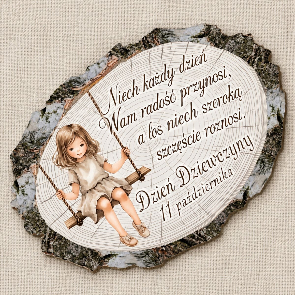 Magnes na Dzień Dziewczynek z dziewczynką siedzącą na drewnianej huśtawce