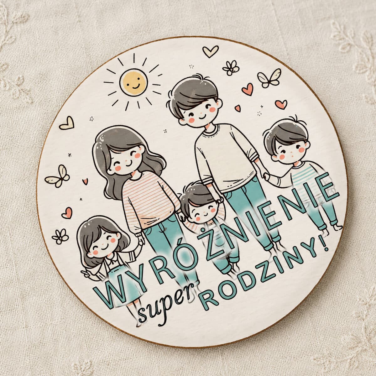 Upominek dla rodziny z pastelową ilustracją rodziców i dzieci oraz napisem Super Rodziny