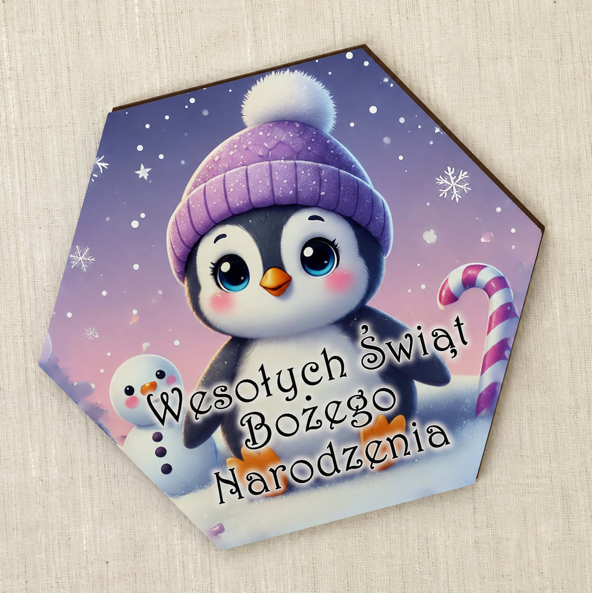 Magnes świąteczny dla dzieci z pingwinem i napisem Wesołych Świąt