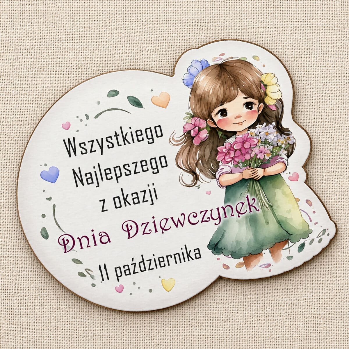 Magnes na Dzień Dziewczynek z dziewczynką w zielonej sukience i bukietem kwiatów