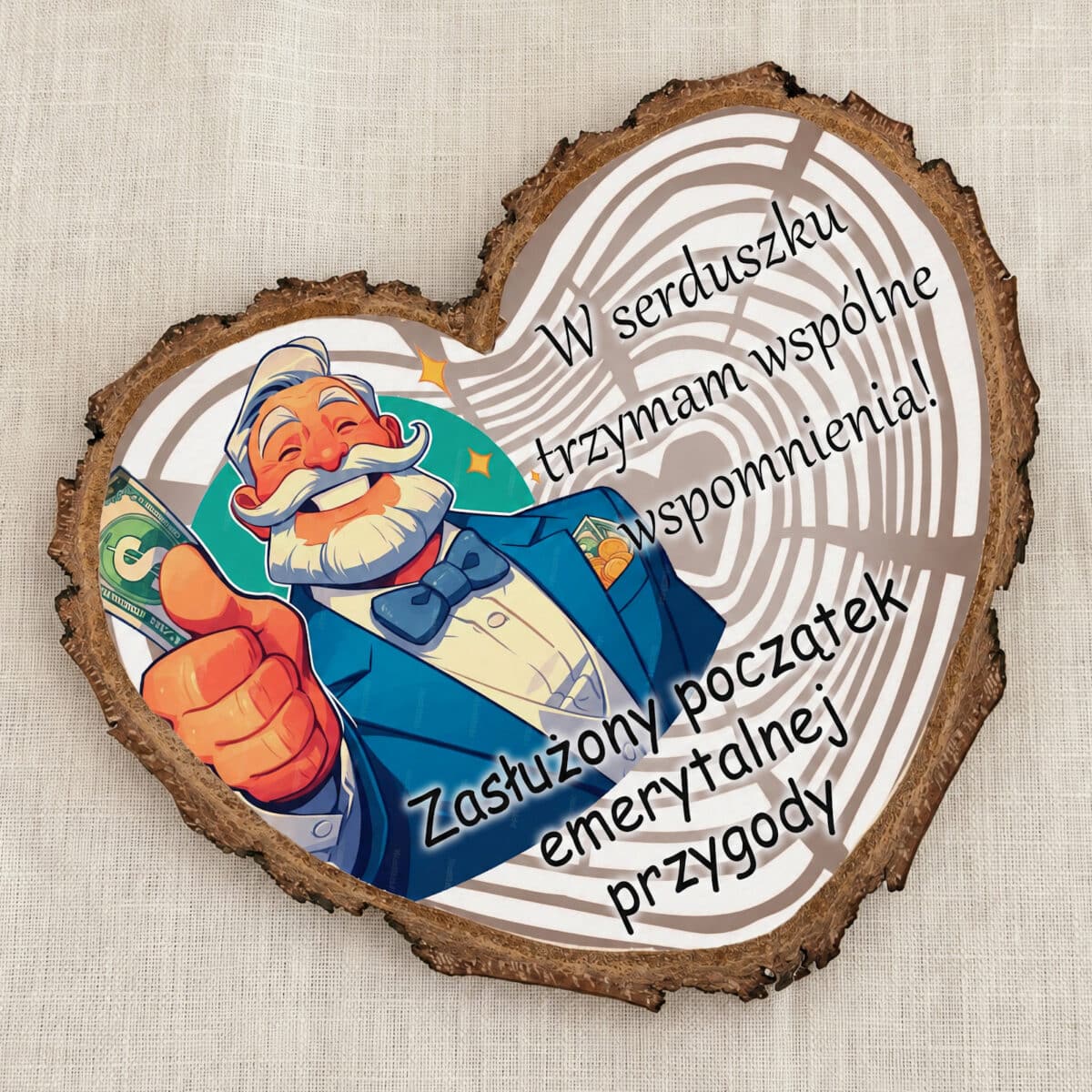 Magnes z seniorem i banknotami jako humorystyczna pamiątka na zakończenie pracy zawodowej