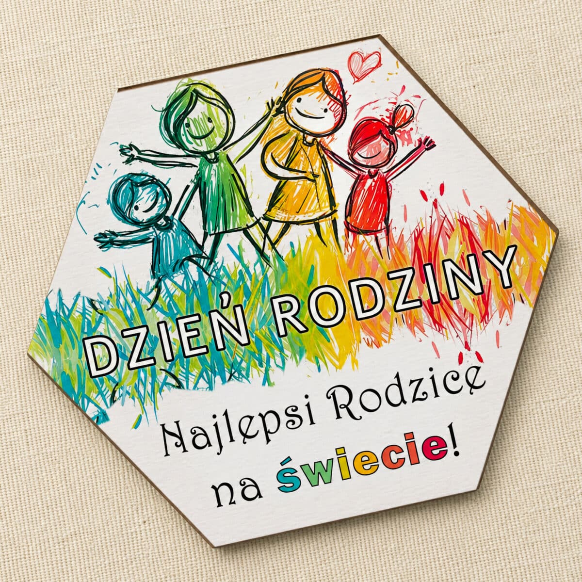 Magnes dla rodziców od dziecka z kolorową ilustracją rodziny i napisem Najlepsi Rodzice na świecie