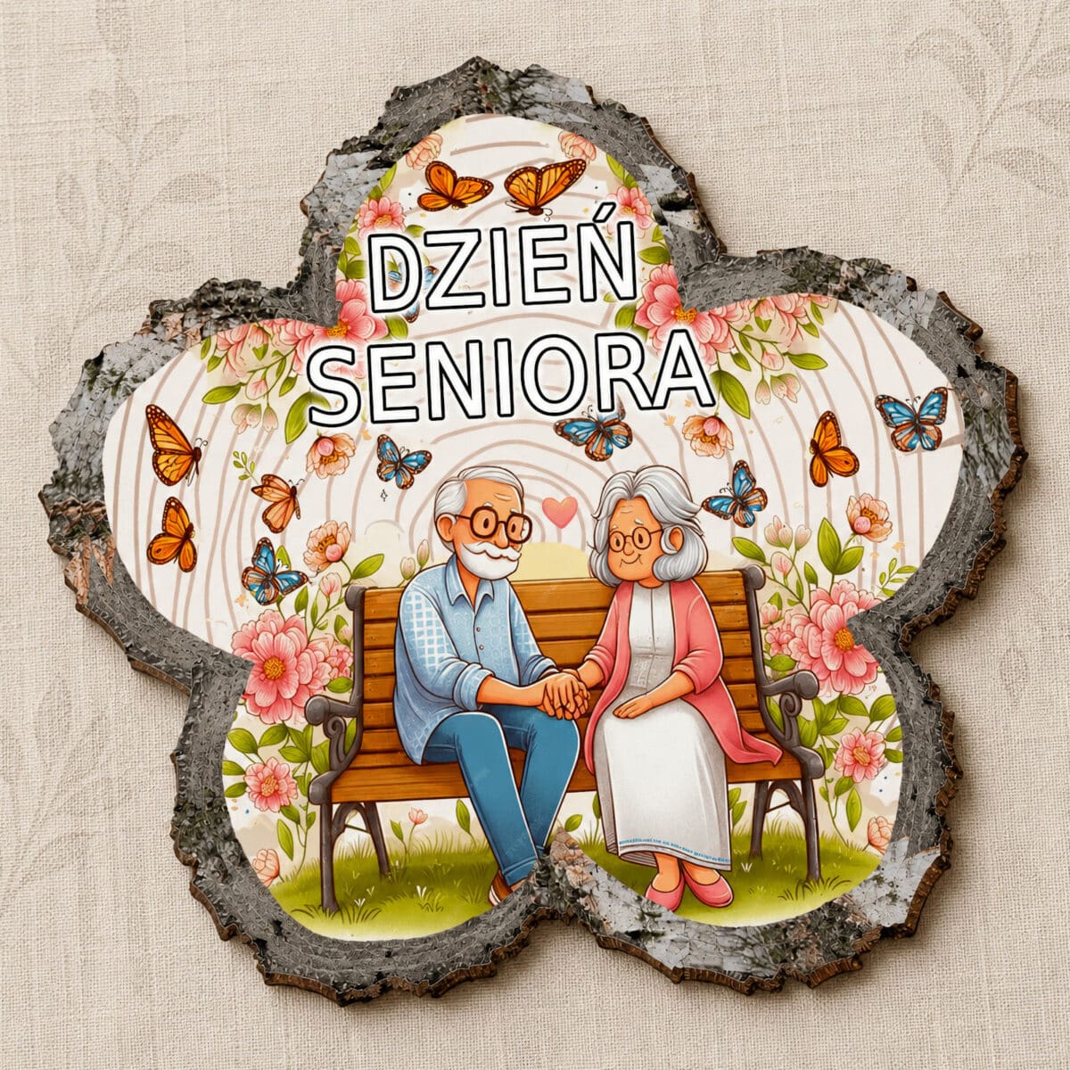 Kwiatowy magnes na Dzień Seniora z parą seniorów na ławce, kwiatami i motylami