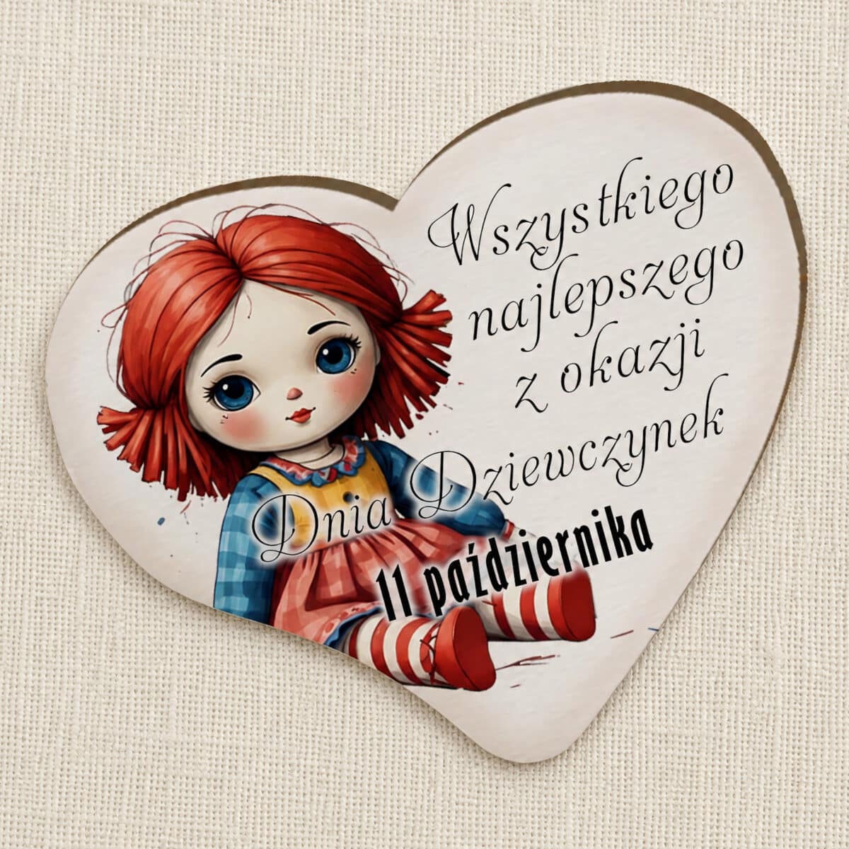 Magnes dla dziewczynki z rudowłosą lalką w kolorowej sukience i pasiastych rajstopach