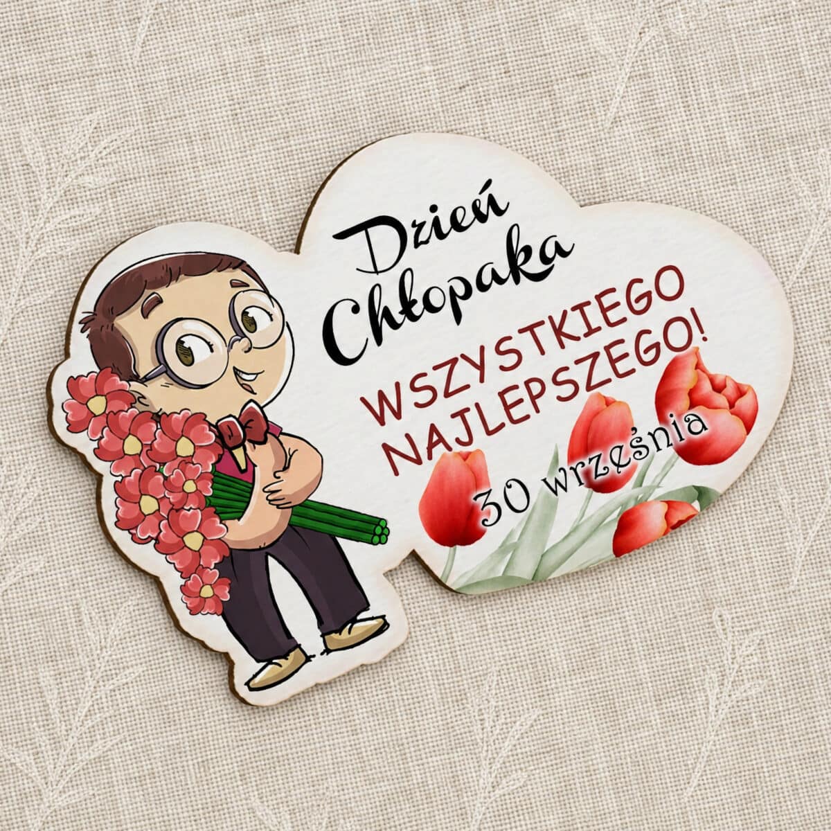Magnes na Dzień Chłopaka z chłopcem trzymającym bukiet kwiatów