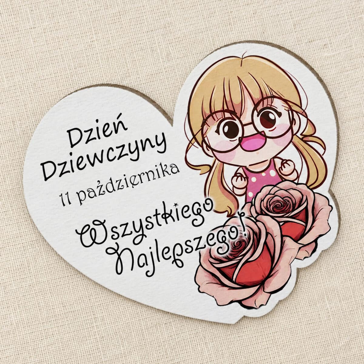 Magnes dla dziewczynki z ilustracją jasnowłosej dziewczynki w okularach i różami
