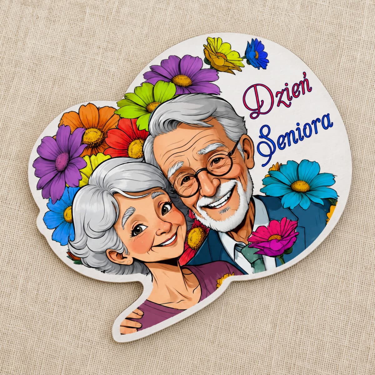 Kolorowy magnes dla seniora z ilustracją pary seniorów i wielobarwnymi kwiatami