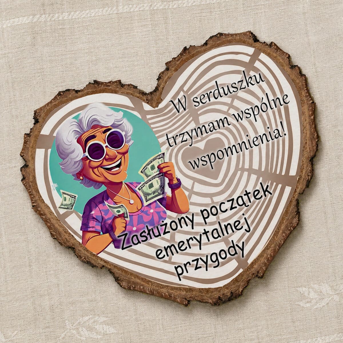 Humorystyczny magnes z seniorką i banknotami na pożegnanie ze współpracownikami przed emeryturą