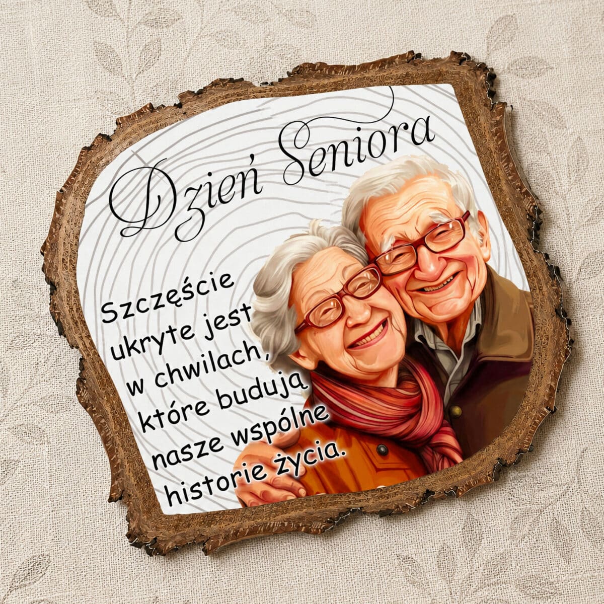 Upominek dla seniorów z ilustracją obejmującej się pary i napisem o wspólnych chwilach