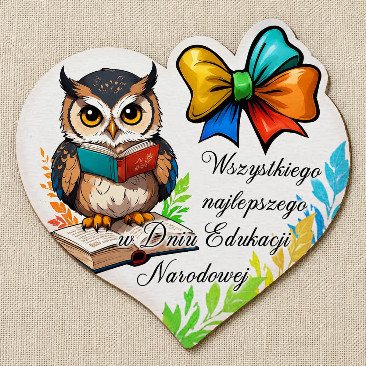 Kolorowa pamiątka na Dzień Edukacji Narodowej z sową czytającą książkę i kokardą