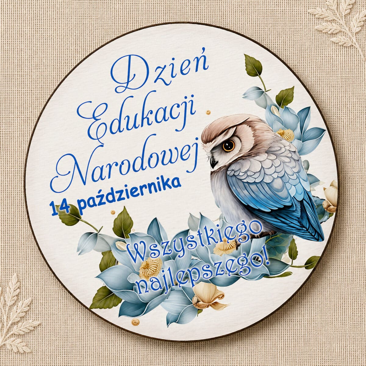 Pamiątka na Dzień Nauczyciela z niebieską sową i kwiatami