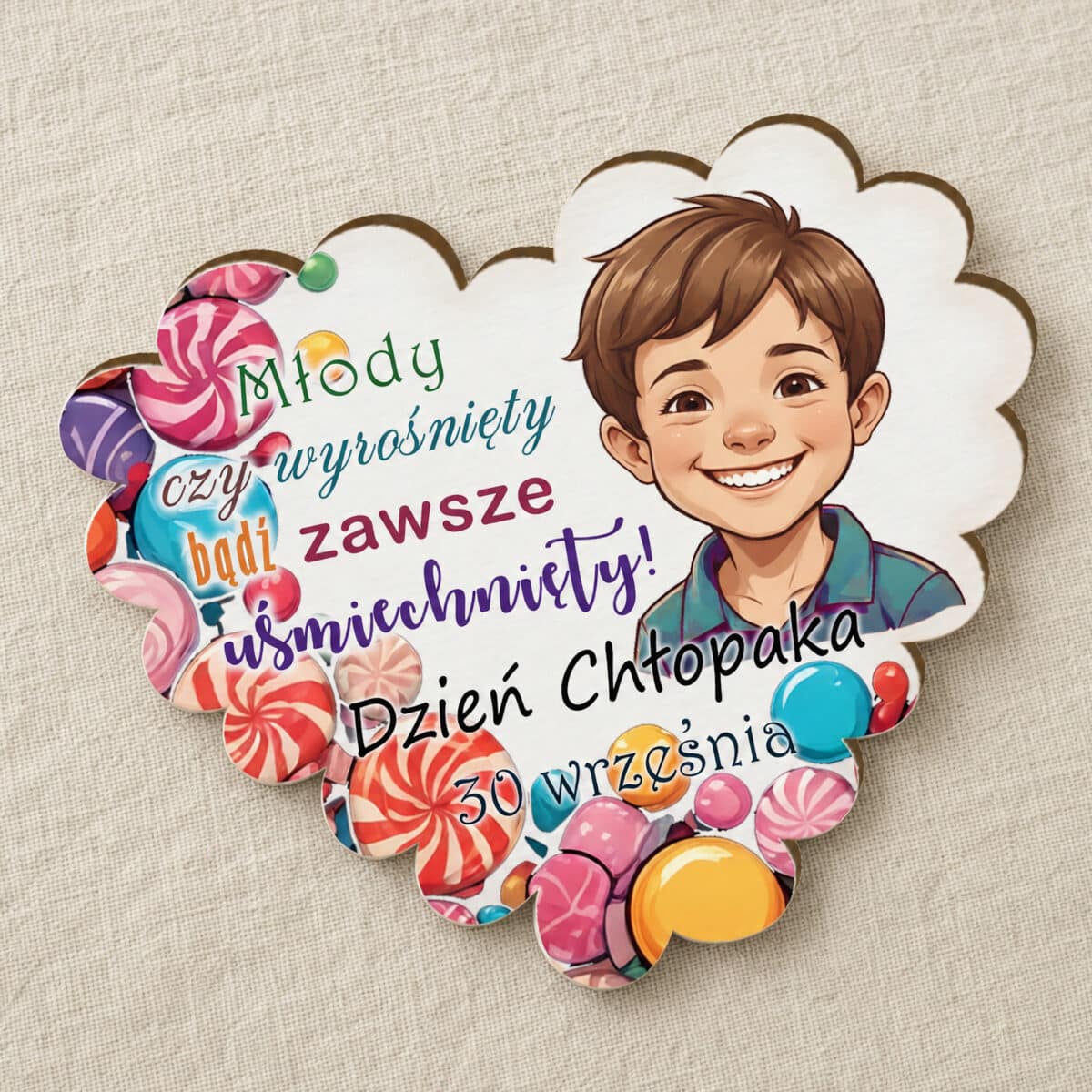Magnes na Dzień Chłopaka z chłopcem i kolorowymi słodyczami