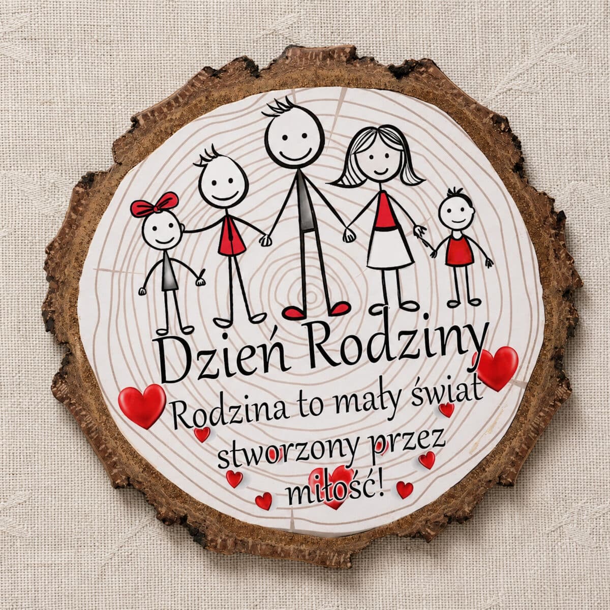 Pamiątkowy magnes na Dzień Rodziny z rysunkową rodziną i czerwonymi sercami