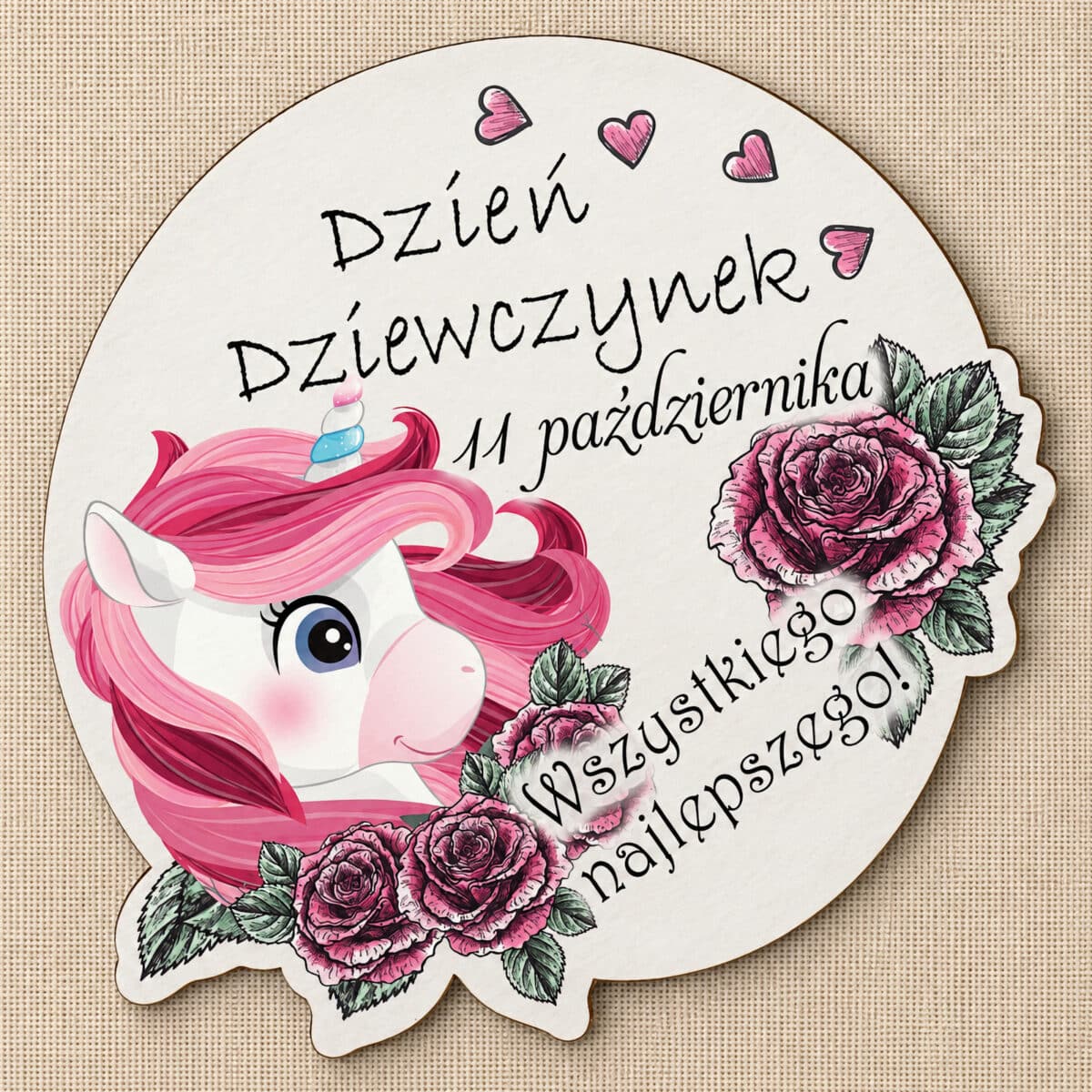 Magnes na Dzień Dziewczynek z różowym jednorożcem, różami i serduszkami