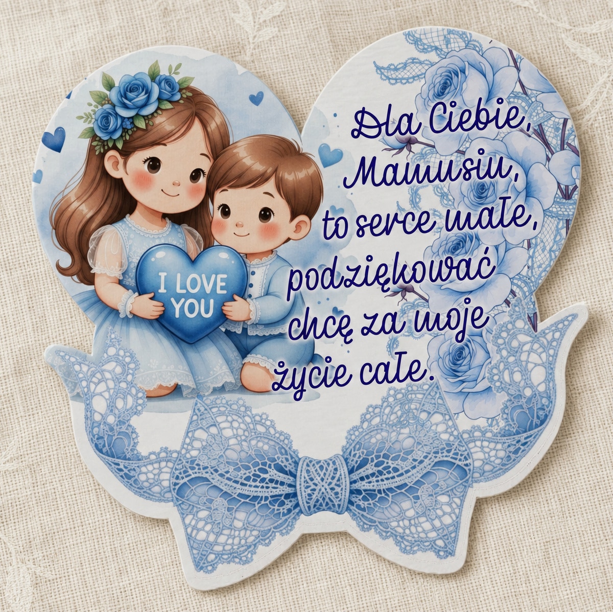 Magnes na Dzień Matki z dziewczynką i chłopcem trzymającymi niebieskie serce z napisem I LOVE YOU