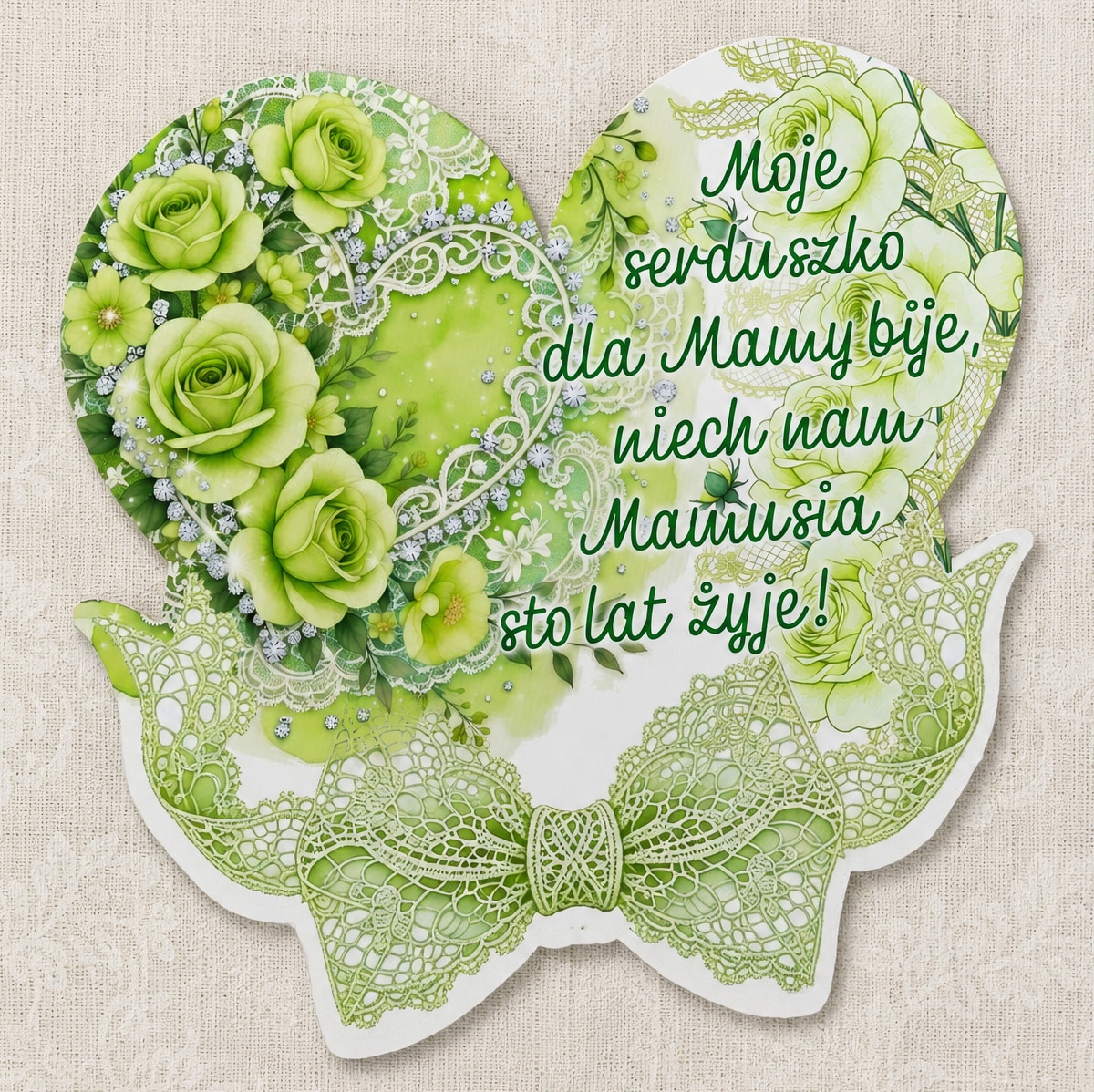 Magnes na Dzień Matki z zielonymi różami, koronkowym sercem i napisem Moje serduszko dla Mamy bije